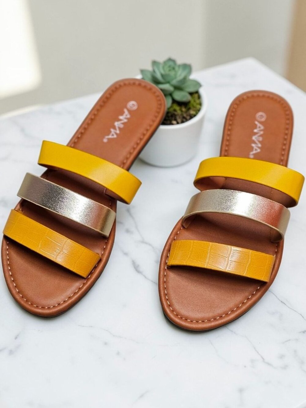 Multi-Strap Flat Sandals In Yellow & Gold Chic & Comfortable Footwear